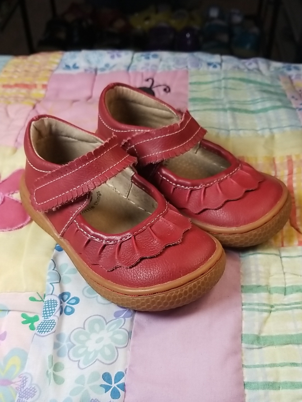 Livie & Luca Red Leather Mary Jane Shoes with Ruffle Strap Size 6 Ruche